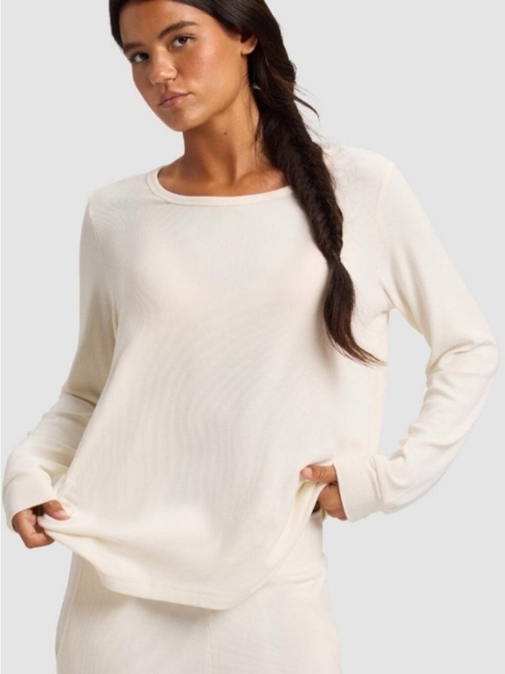 Cozy Earth Bamboo Rib Knit Long Sleeve Lounge Top Size Medium Cream Clean Girl